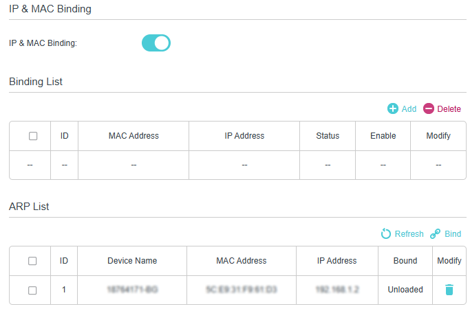 Image of enabling IP and MAC binding feature
