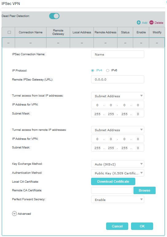 Image of parameter settings for adding a VPN profile