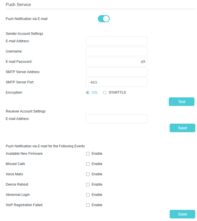Push service configuration page