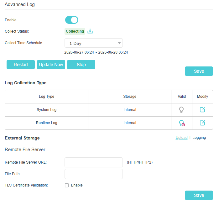 Advanced log settings
