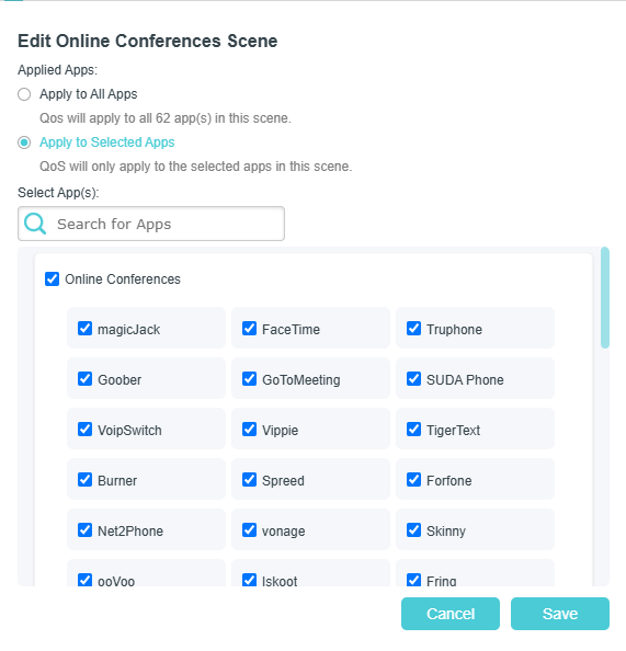 The window to edit applied apps for accelerated scenes.