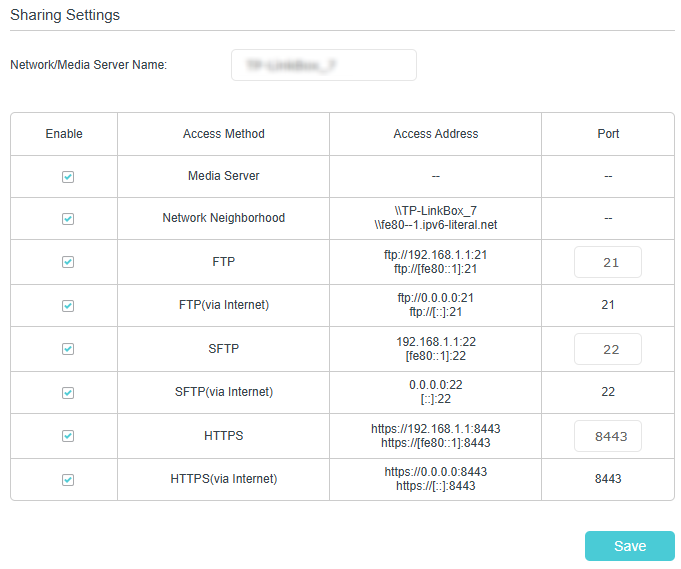 Image of sharing settings
