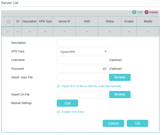OpenVPN selected as VPN Type in the Add Profile window