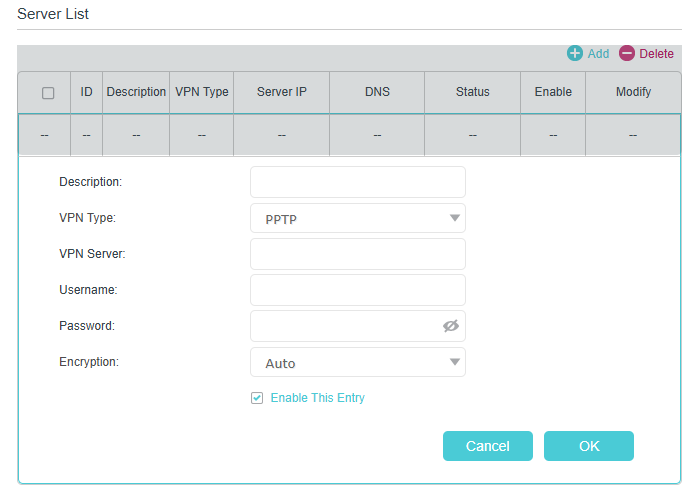 PPTP selected as VPN Type in the Add Profile window