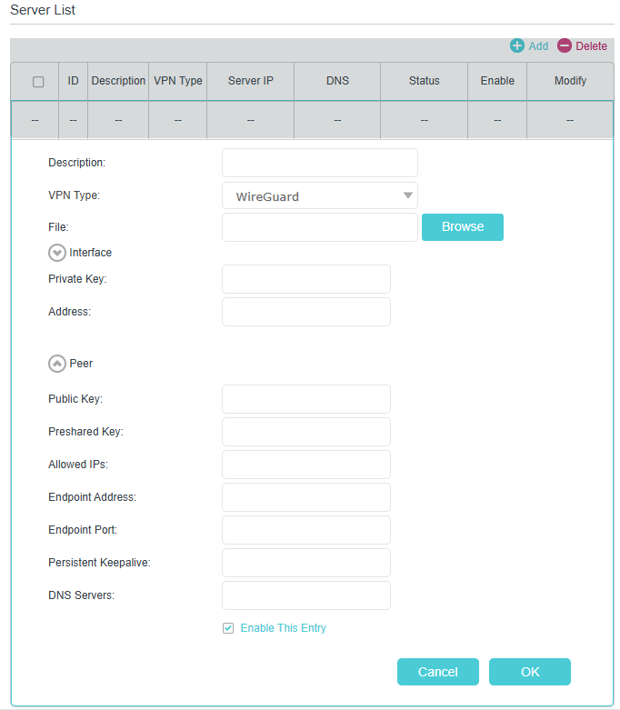 WireGuard selected as VPN Type in the Add Profile window