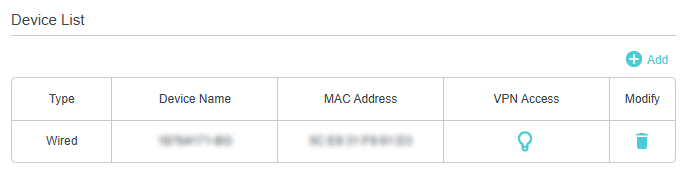 Displays the selected device for VPN access