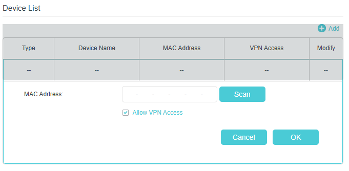 The Device List table of adding a device