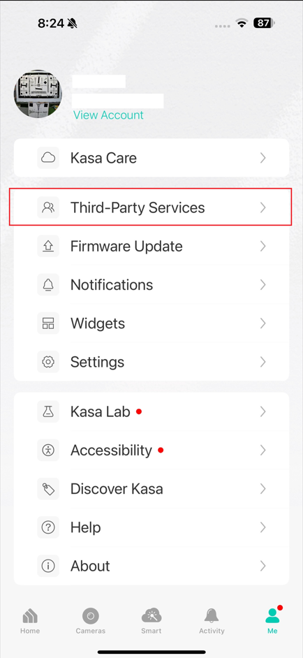 Go to the Me page in the Kasa app and tap Third-Party Services.
