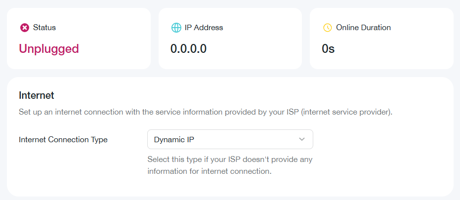 IP Address is 0.0.0.0 in the Internet page