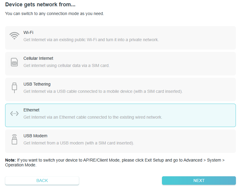 a network setup screen with the title 'Device gets network from...' presenting four options for internet connection: USB Tethering, Wi-Fi, Ethernet (selected), and USB Modem.