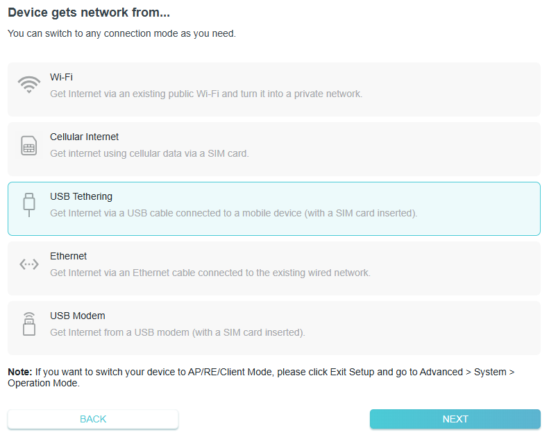 a network setup screen with the title 'Device gets network from...' presenting four options for internet connection: USB Tethering(selected), Wi-Fi, Ethernet , and USB Modem.