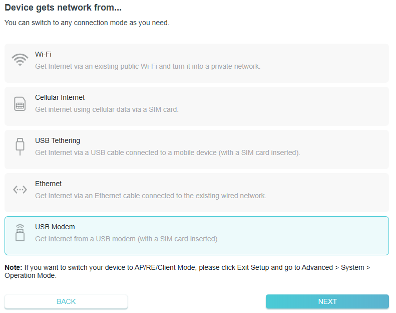 a network setup screen with the title 'Device gets network from...' presenting four options for internet connection: USB Tethering, Wi-Fi, Ethernet , and USB Modem(selected).