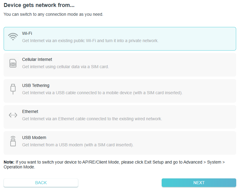 a network setup screen with the title 'Device gets network from...' presenting four options for internet connection: USB Tethering, Wi-Fi(selected)., Ethernet , and USB Modem.