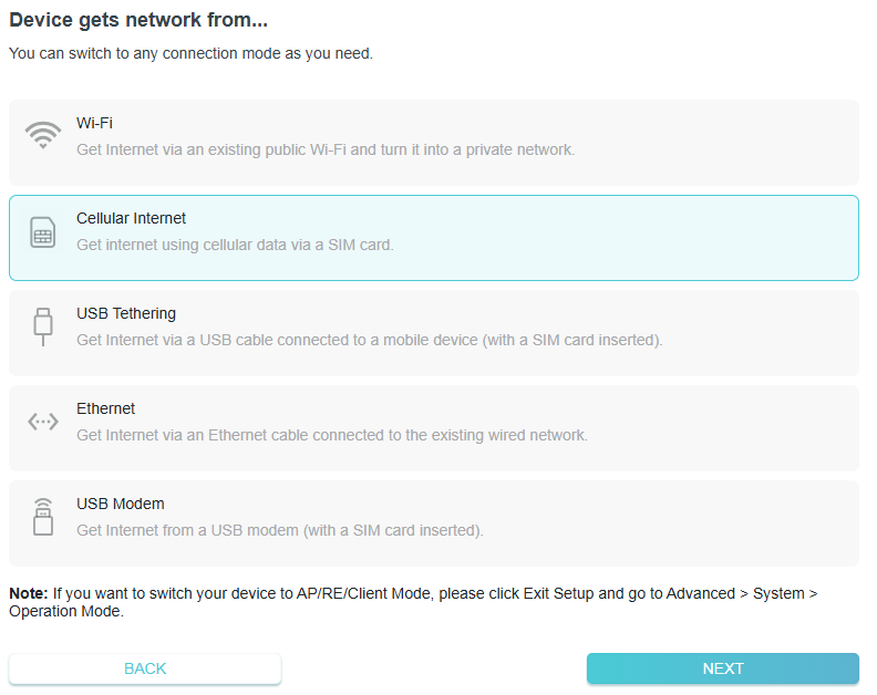 a network setup screen with the title 'Device gets network from...' presenting four options for internet connection: USB Tethering, Wi-Fi, Ethernet, Cellular Internet (selected), and USB Modem.