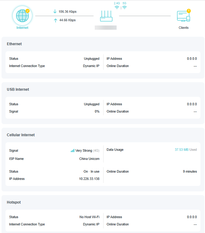 A screenshot of a router's status dashboard showing live network speeds of 30.51 Kbps down and 71.52 Kbps up, along with cards for Router Information (Device Name, MAC, IPv4/IPv6 LAN IPs), Wireless configurations (SSID "TP-Link_7B00", dual-band, hidden password), VPN Merge, and an ECO Mode panel highlighting "Boost Mode" bars for Speed, Coverage, and Temperature Experience.