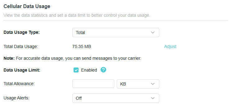 A screenshot of a Cellular Data Usage configuration screen, displaying "Total Data Usage" at "75.35 MB" with an "Adjust" option, featuring an enabled "Data Usage Limit" checkbox, a blank "Total Allowance" field with a KB/MB/GB dropdown menu, and a "Usage Alerts" dropdown set to "Off".