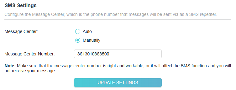 A screenshot of an SMS Settings configuration panel, showing the "Message Center" option toggled to "Manually" with the "Message Center Number" text field set to "8613010888500", followed by a warning note and a teal "UPDATE SETTINGS" button.