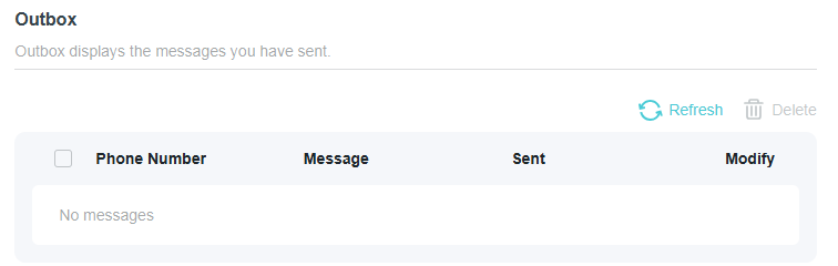 A screenshot of an SMS Outbox interface showing an empty message list with the placeholder text "No messages", featuring top management options for "Refresh" and "Delete", alongside a table layout with column headers for Phone Number, Message, Sent, and Modify.