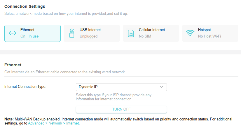 Screenshot of a router's connection settings page showing Ethernet selected as the active network mode. The internet connection type is configured via a dropdown menu to "Dynamic IP."
