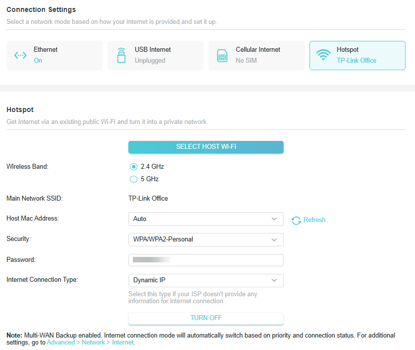 Screenshot of a router's connection settings page showing Hotspot selected as the active network mode.