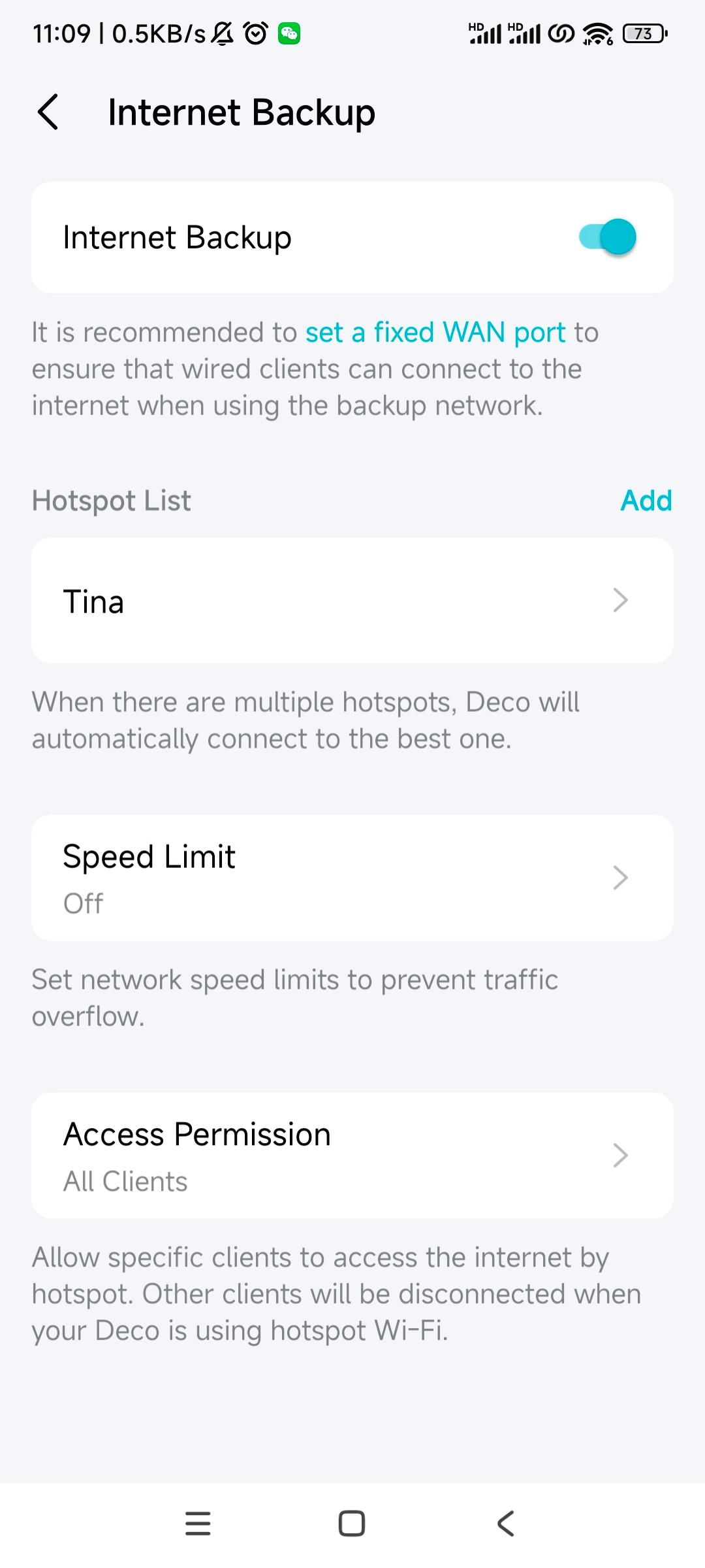 Internet Backup settings page