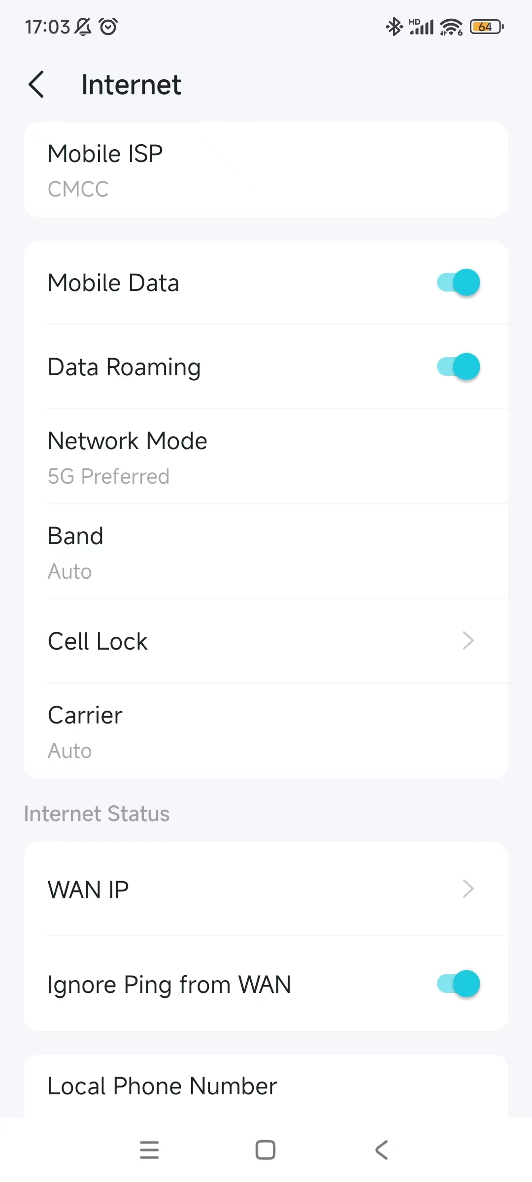 Internet settings page