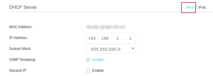 DHCP Server setting page, showing IP/MAC address, subnet mask, and switch for IGMP Snooping and Second IP.