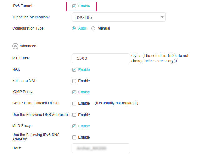 IPv6 tunnel configuration page