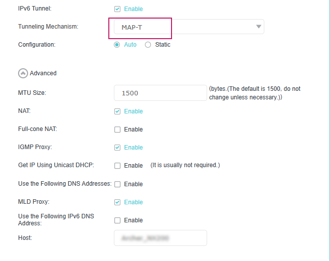 MAP-T configuration page