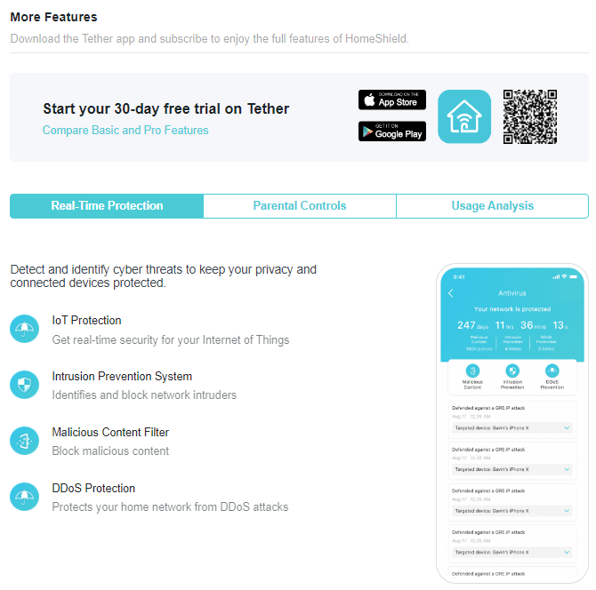 A marketing graphic promoting the TP-Link HomeShield service, highlighting security features available through the Tether mobile app. The image details "Real-Time Protection" functionality, including IoT protection, Intrusion Prevention System, and DDoS protection. A stylized smartphone screenshot shows security alerts and network statistics, while a section above promotes a 30-day free trial and links to app download stores.