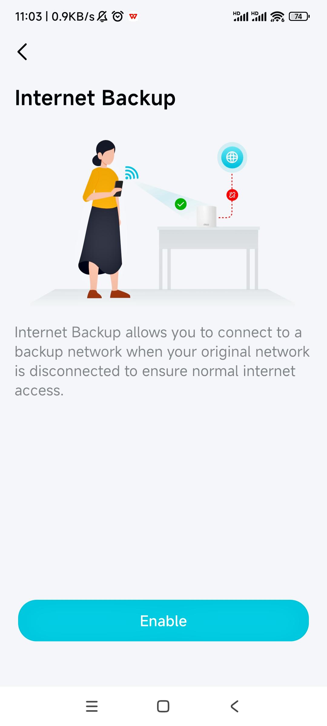 Internet Backup page with a button to enable the feature