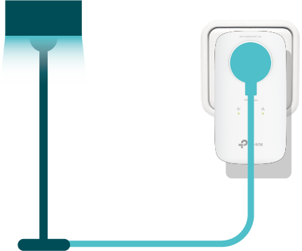 An illustration of a Powerline adapter plugged into a wall with a lamp cord connected to its pass-through outlet.