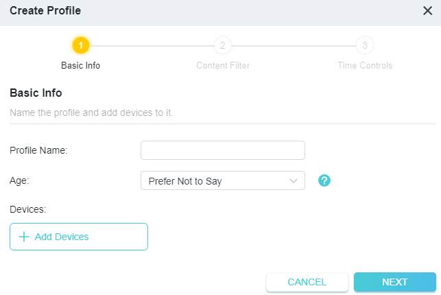 A screenshot of a network configuration interface titled "Create Profile", specifically on the "Basic Info" step (Step 1). The page contains form fields for entering a "Profile Name:", selecting an "Age:" from a dropdown menu (showing "Prefer Not to Say"), and an "Add Devices" button.