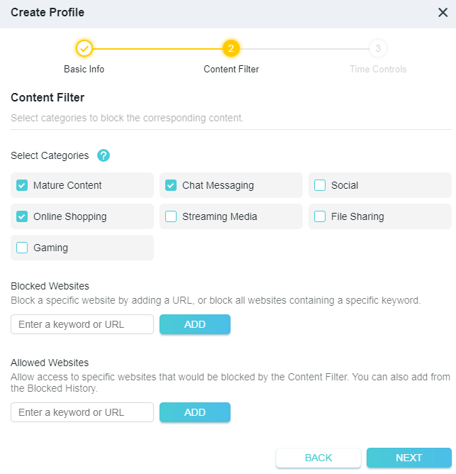 A screenshot of a network configuration page titled "Content Filter", which is step 2 in a "Create Profile" process. The page displays a list of categories to block (including Mature Content, Chat Messaging, and Online Shopping), along with fields to manage blocked and allowed websites by URL or keyword.