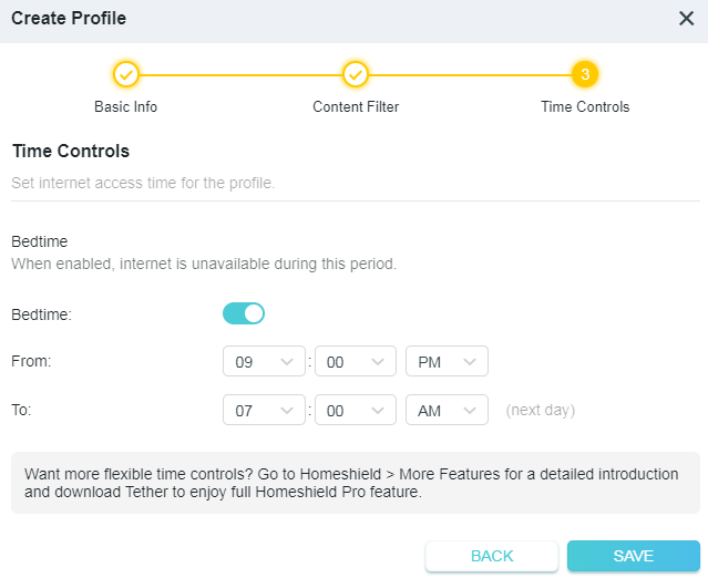 A screenshot of a network configuration page titled "Time Controls", which is step 3 in a "Create Profile" process. The page displays settings for "Bedtime", with the toggle enabled for internet access to be unavailable from 09:00 PM to 07:00 AM the next day.