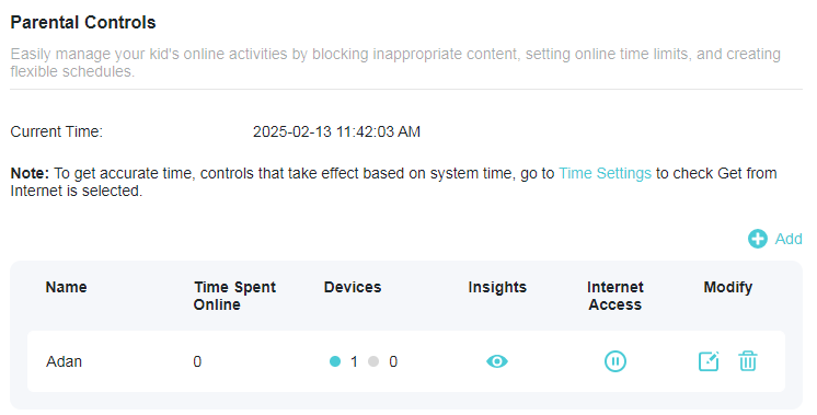 A screenshot of a router's "Parental Controls" page, displaying a description of the feature, the current system time, and a table of profiles. The table shows one entry for a profile named "Adan" with 0 time spent online, icons for connected devices, and options for insights, internet access control, and modification.