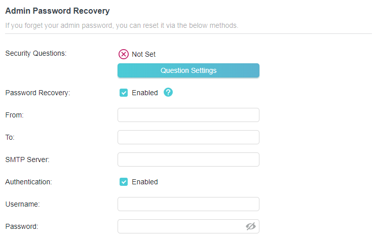 A screenshot of a router configuration interface for Admin Password Recovery. The screen shows two recovery methods: Security Questions (status is "Not Set") and Password Recovery via email (Enabled). It includes input fields for SMTP server details such as From address, To address, SMTP Server, Username, and Password.