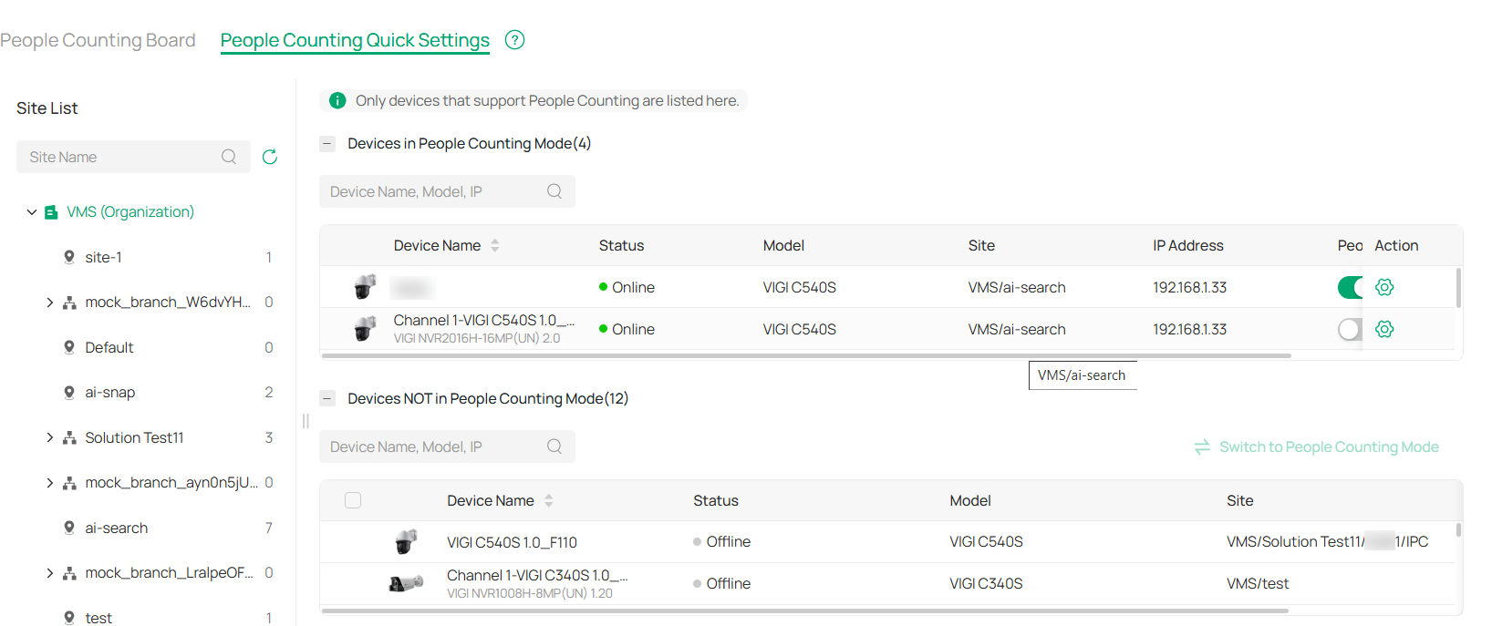 people counting quick settings