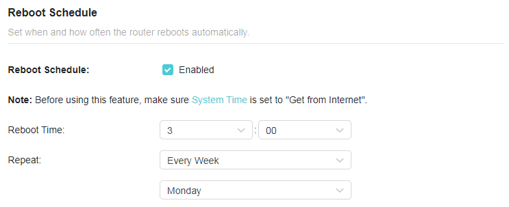 A screenshot of a network router's 'Reboot Schedule' settings webpage. The page shows that the feature is enabled, scheduled to reboot every week on Monday at 3:00.