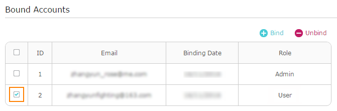 Select an account and unbind it
