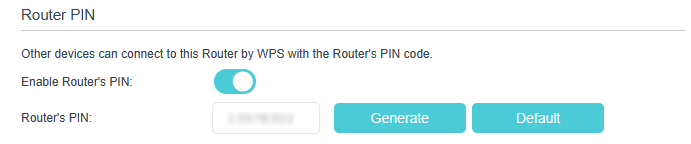 WPS setting page with router's PIN enabled, and a field to display the router's PIN.