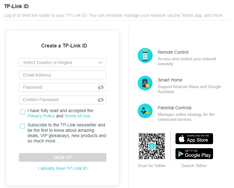 a TP-Link ID sign-up page for router management. The interface includes a form to create an account with fields for country, email, and password, alongside information panels highlighting features such as remote control, smart home support (Amazon Alexa and Google Assistant), and parental controls. The page also includes a QR code and links to download the Tether app from the App Store and Google Play.