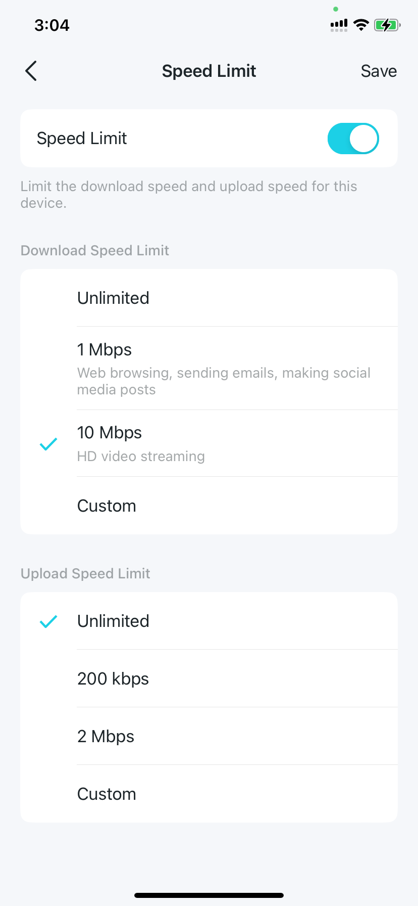 Speed Limit settings page including download and upload speed limits