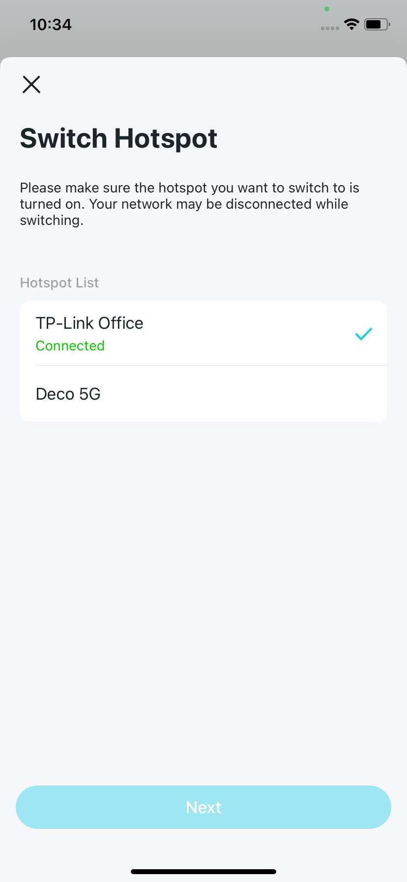 Switch Hotspot settings page