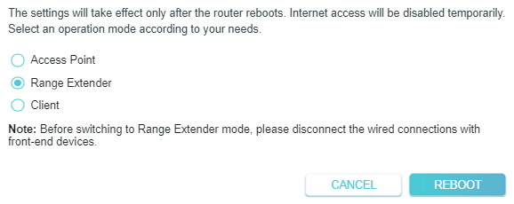 A screenshot of a network configuration page titled "Operation Mode," displaying options for Access Point, Range Extender (currently selected), and Client modes. A note at the bottom advises disconnecting wired connections before switching to Range Extender mode, along with "Cancel" and "Reboot" buttons.