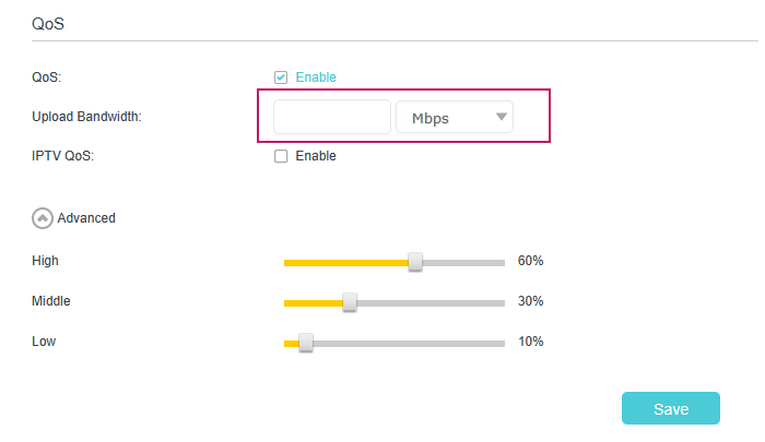 QoS settings page, showing Upload Bandwidth box and priority levels (High/Middle/Low) adjustment via percentage sliders