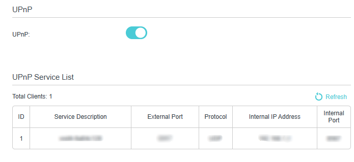 UPnP settings page, showing the feature enabled and displaying a Service List table with one active client