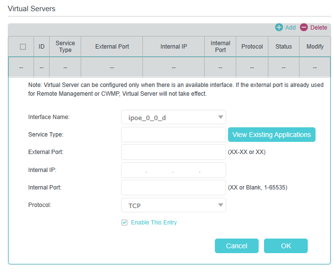 Virtual Server (Port Forwarding) settings page, featuring a data table and a configuration form for mapping External/Internal Ports, Internal IP, and Protocols