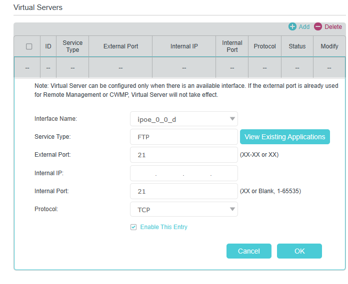 Virtual Server configuration page, taking FTP service as an example