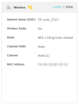 2.4 GHz wireless panel, showing network name, wireless radio status, mode, channel width, channel and MAC address.
